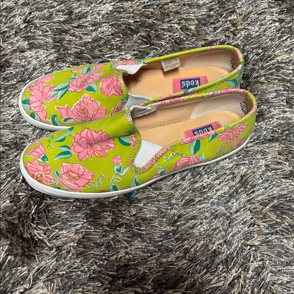 Lilly Pulitzer Green And Pink Floral Keds Collaboration Slip On Sneakers
